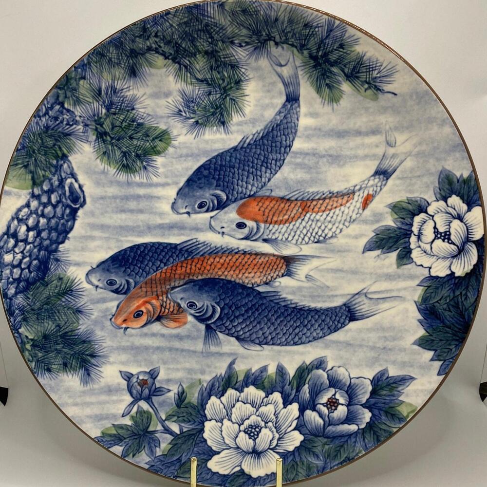 Japanese Koi Platter Lotus Flower | 5 Blessings Design | MCM by Sun Ceramics